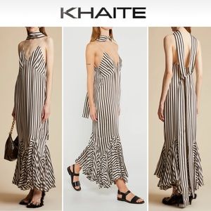 KHAITE  Candita Stiped Satin Fishtail Maxi Dress - Ivory Dark Brown sz 0